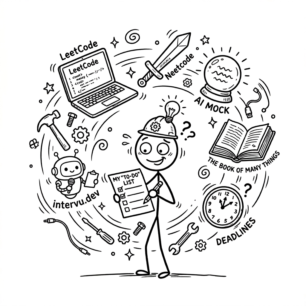 A stick figure engineer surrounded by a swirl of coding interview prep tools — LeetCode, Neetcode sword, AI Mock crystal ball, a book, and a clock — holding a checklist and smiling.