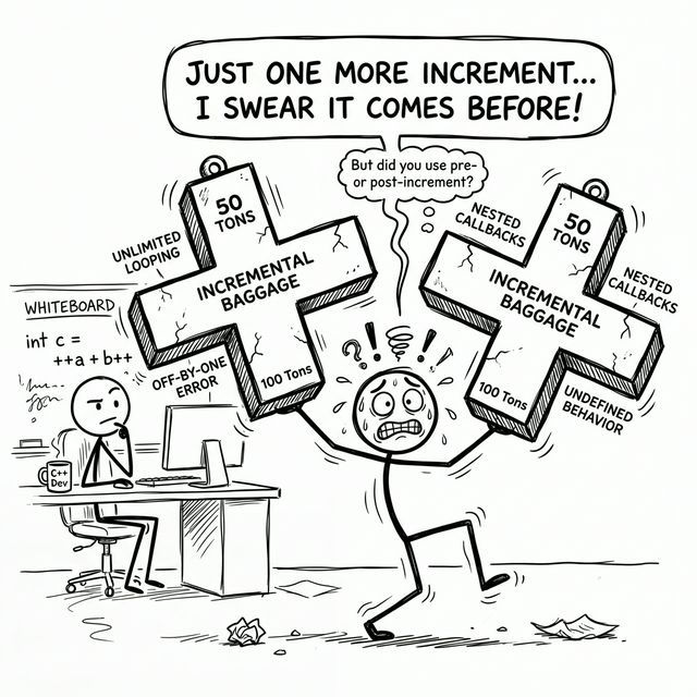 Humorous cartoony stick figure struggling to lift two impossibly heavy giant ++ symbols that represent C++