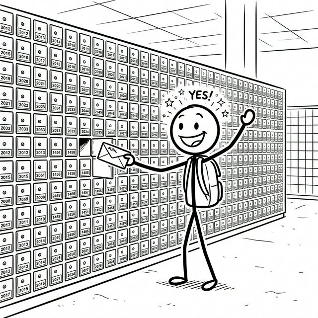 Stick figure pulling a letter out of a massive wall of tiny mailboxes