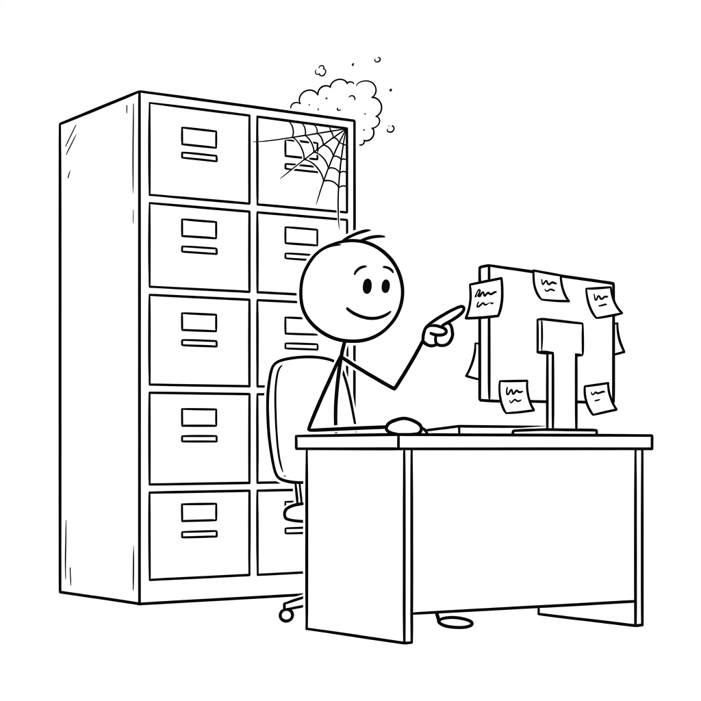 Cartoon of a stick figure at a desk reading an answer straight off a sticky note on their monitor, while a tall filing cabinet stands behind them dusty and cobwebbed from never being opened