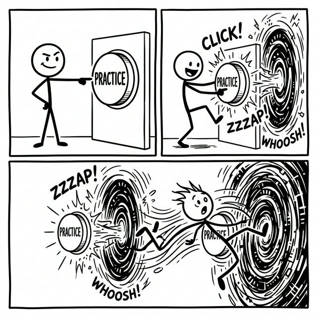 A humorous cartoon of a stick figure excitedly clicking a giant PRACTICE button and being sucked into a digital portal
