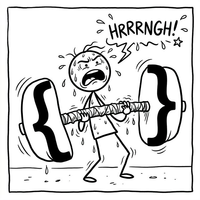 A humorous cartoon of a stick figure struggling to lift a giant dumbbell shaped like programming curly braces
