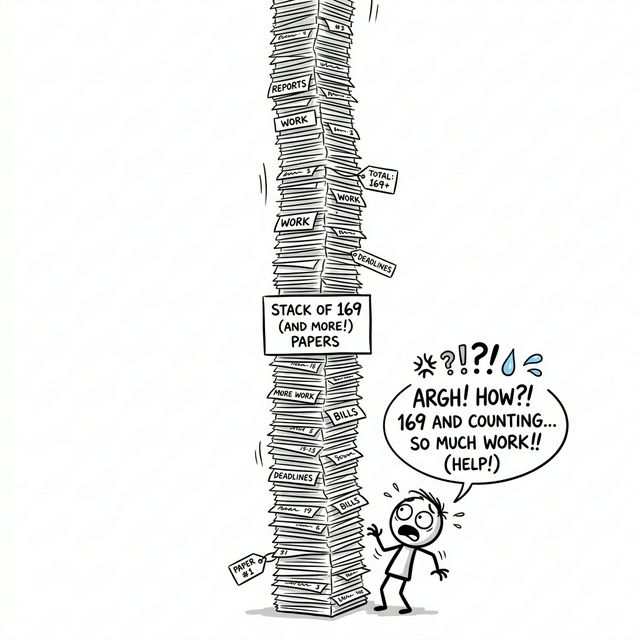 A cartoon stick figure looking completely overwhelmed by a giant stack of 169 papers