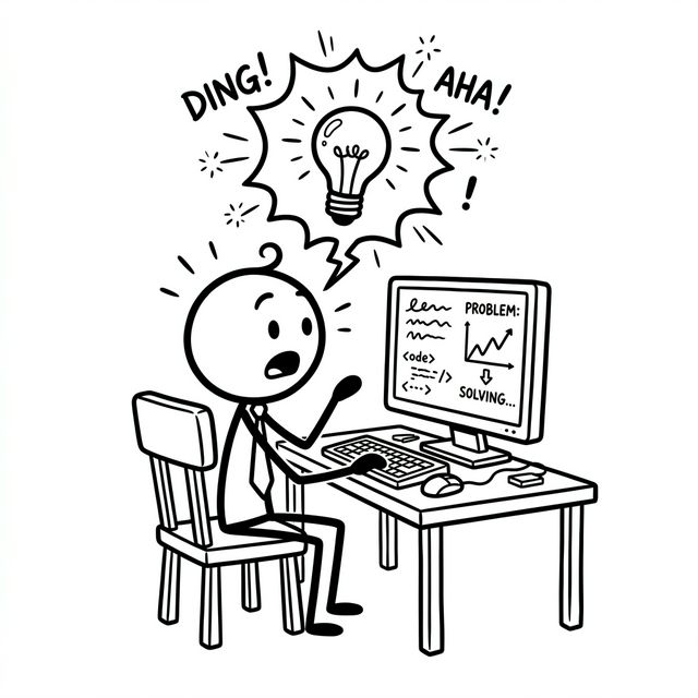 A humorous cartoon of a stick figure having a sudden AHA! moment with a glowing lightbulb above their head while coding