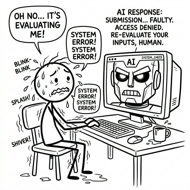 A cartoon stick figure sweating nervously while an AI robot face glares from the computer screen