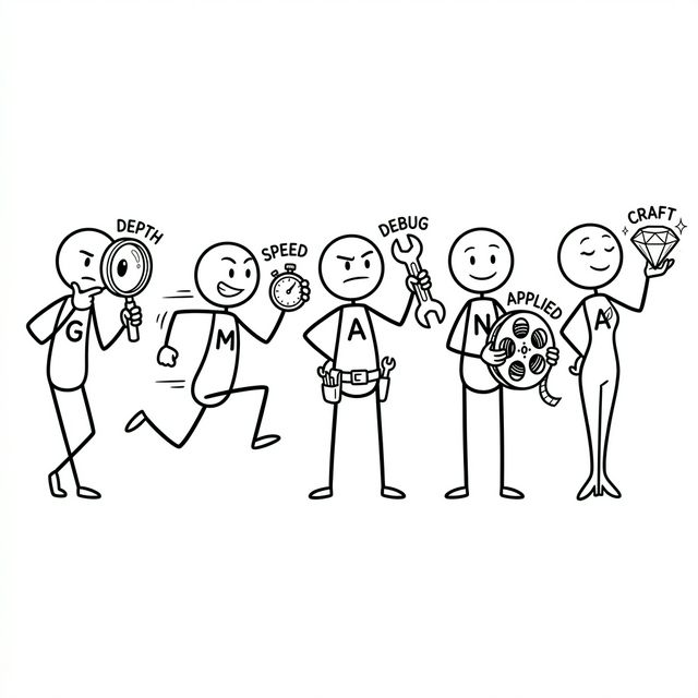 Five stick figure characters representing Google (magnifying glass, Depth), Meta (stopwatch, Speed), Amazon (wrench, Debug), Netflix (film reel, Applied), and Apple (gem, Craft) showing each company's coding interview focus.