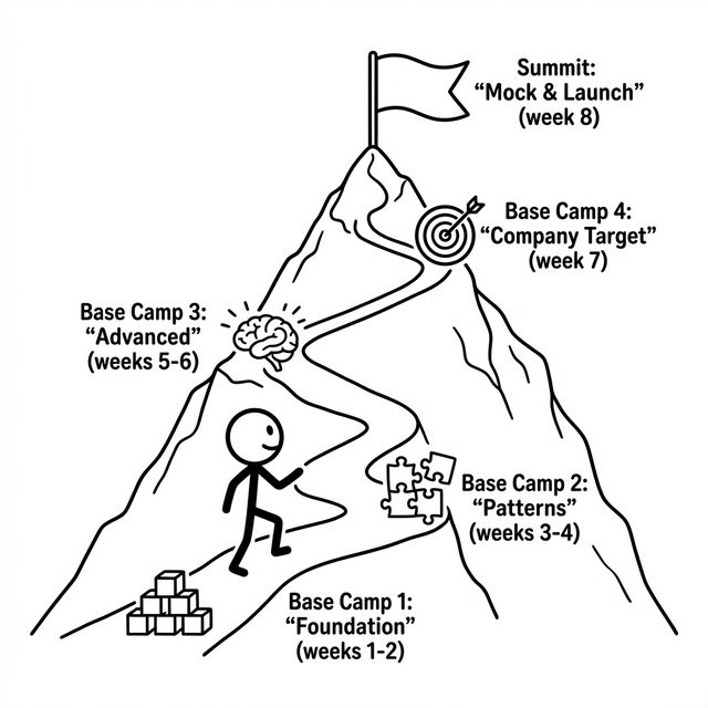 Stick figure climbing a mountain with base camps labeled Foundation (weeks 1-2), Patterns (weeks 3-4), Advanced (weeks 5-6), Company Target (week 7), and Mock and Launch at the summit (week 8).