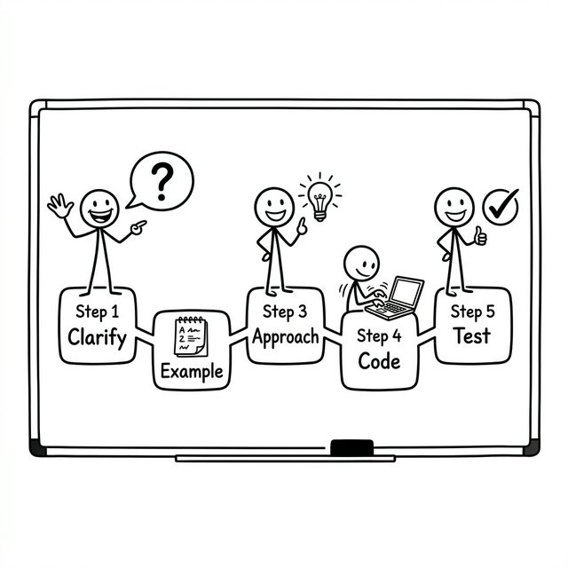 Whiteboard illustration showing the 5 phases of a coding interview: Clarify (question mark), Example (notepad), Approach (lightbulb), Code (laptop), and Test (checkmark).