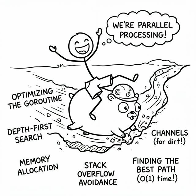 Whimsical cartoony stick figure happily riding a cute, chubby gopher mascot that is digging a tunnel rapidly