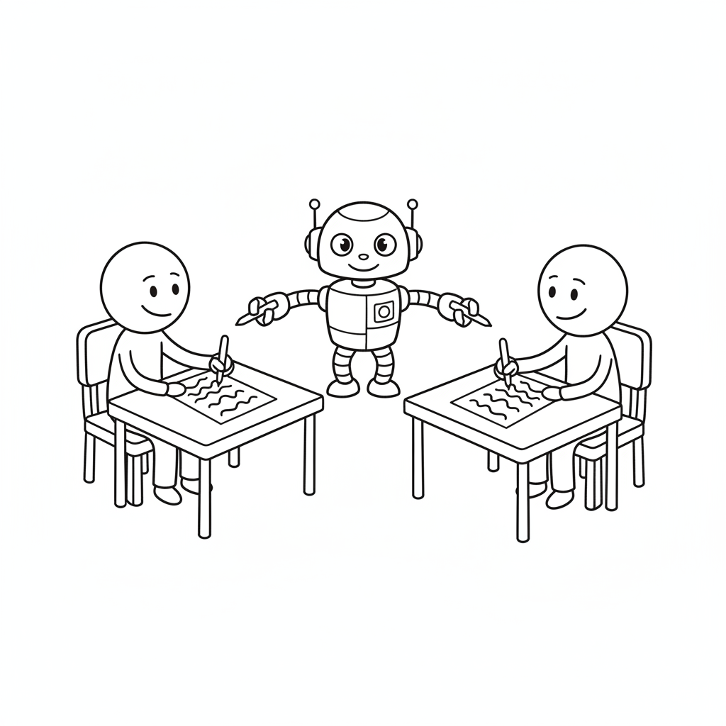 Two stick figures writing at separate desks while a robot between them copies each one's handwriting onto the other's page, so both pages end up identical