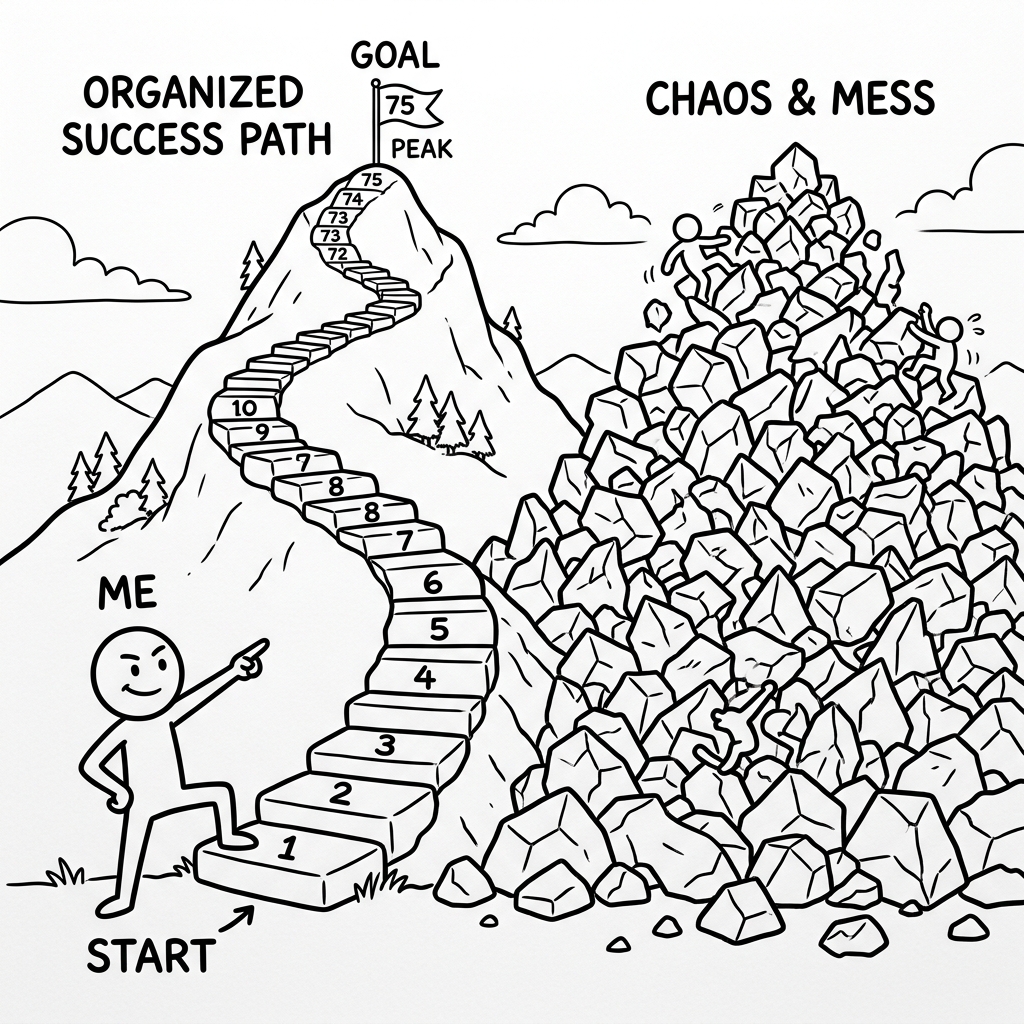 A stick figure choosing a clear, organized staircase of 75 steps over a chaotic, overwhelming mountain of thousands of randomly scattered rocks
