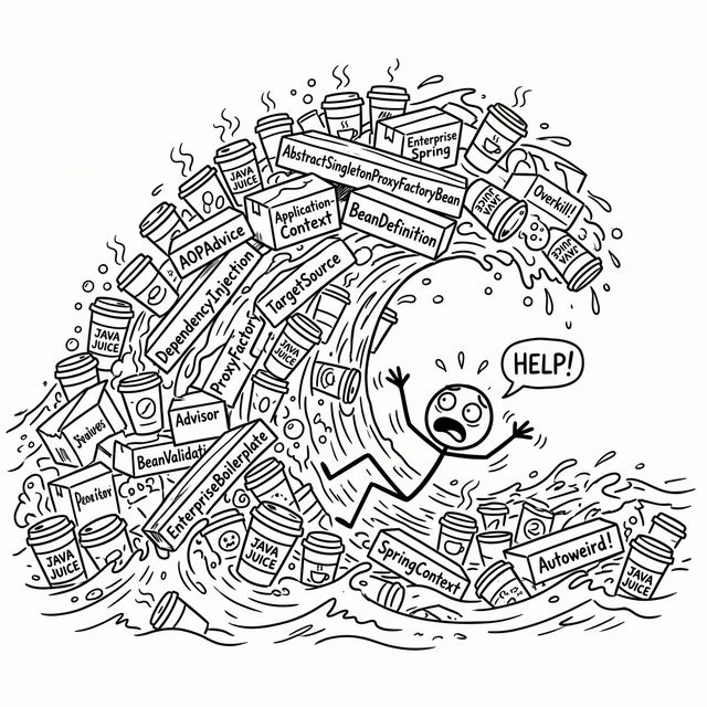 Humorous cartoony stick figure drowning under a massive tidal wave of coffee cups and enterprisey Java boilerplate boxes