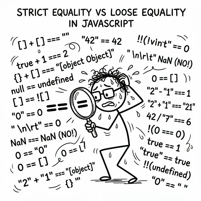 Stick figure holding a magnifying glass and sweating profusely trying to figure out if two things are strictly equal ===