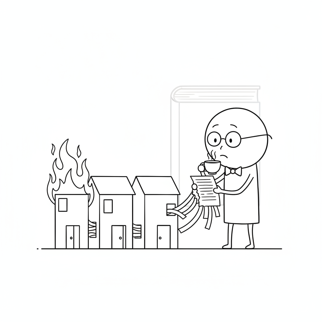 A stick figure librarian tearing a precious page into strips and filing the strips in three separate buildings, calmly unbothered as one building burns