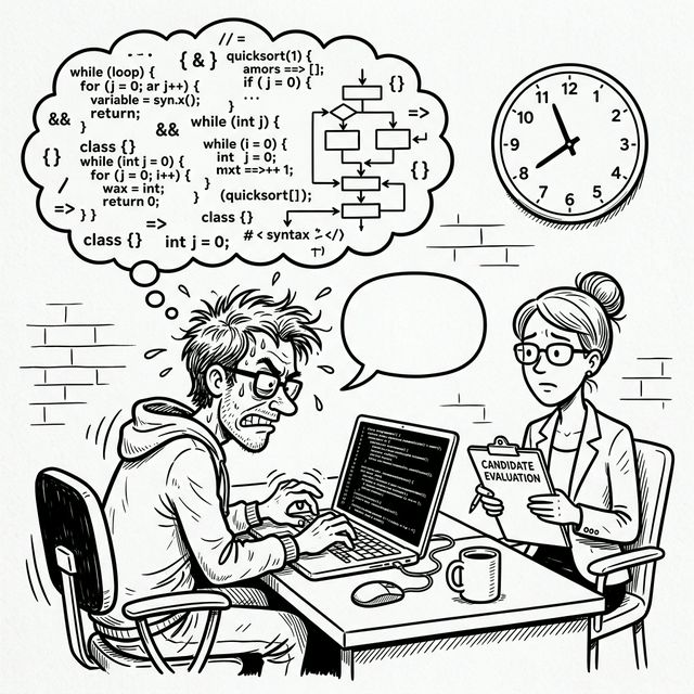 Cartoon of a stressed programmer typing frantically in silence with a thought bubble full of code but an empty speech bubble, while the interviewer looks puzzled.