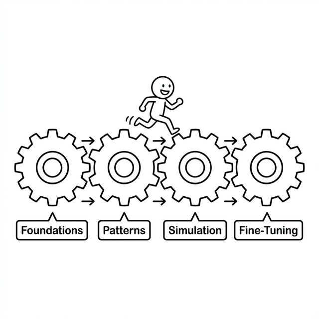 Four interlocking gears labeled Foundations, Patterns, Simulation, and Fine-Tuning with a stick figure running across them left to right.