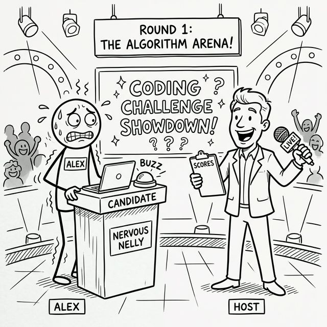 Humorous cartoon of a nervous candidate appearing on a coding interview game show hosted by a cheerful human.