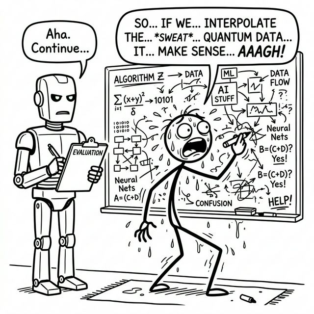 A humorous cartoon of a stick figure sweating profusely at a whiteboard drawing wildly complicated diagrams while an AI robot interviewer sternly holds a clipboard
