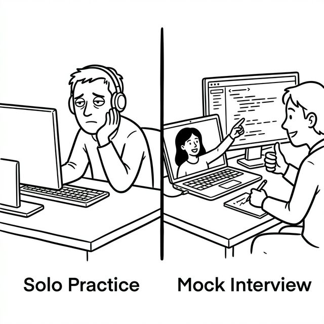 Split cartoon: left side shows a bored engineer doing solo LeetCode practice alone, right side shows an energized mock interview session with two people on a video call discussing code.
