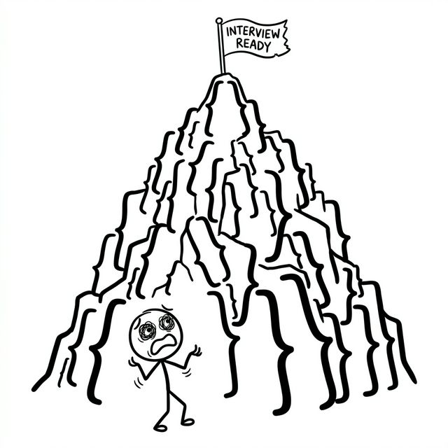 A humorous cartoon of a stick figure looking up in terror at a giant forbidding mountain made of giant programming curly braces, with an Interview Ready flag at the very top