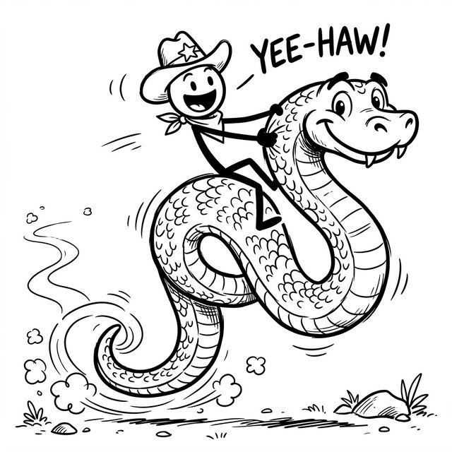 Stick figure confidently riding a giant Python snake like a cowboy