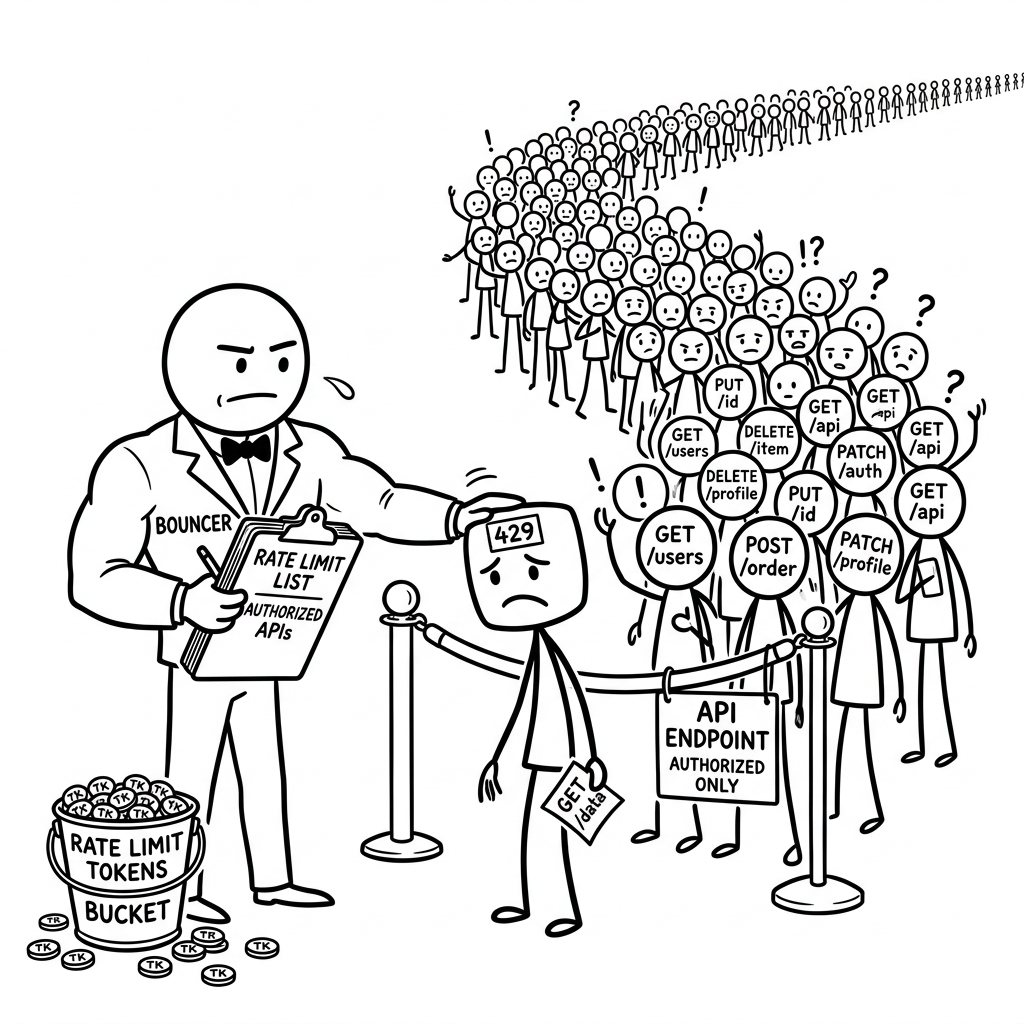 A bouncer turning away API requests at the rate limiter nightclub