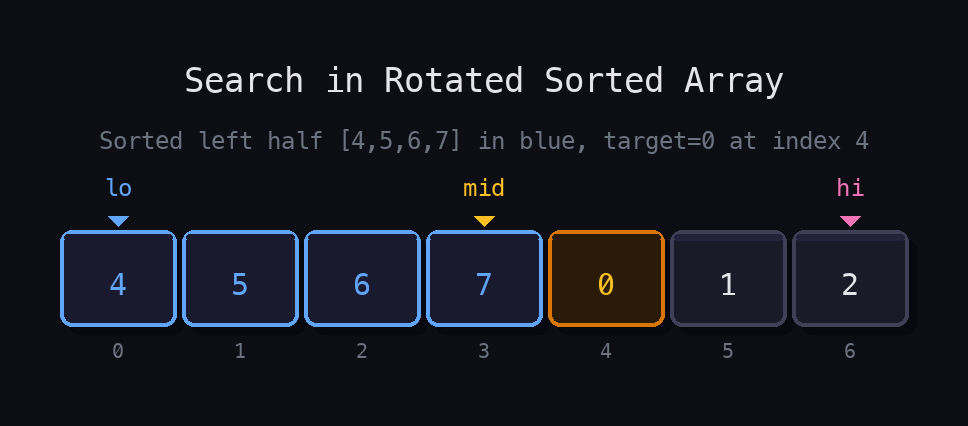 Rotated array [4,5,6,7,0,1,2] with sorted left half [4,5,6,7] in blue, lo/mid/hi pointers, and target 0 found at index 4.