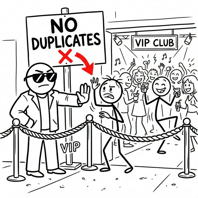 Stick figure bouncer denying entry to a duplicate person at a VIP club