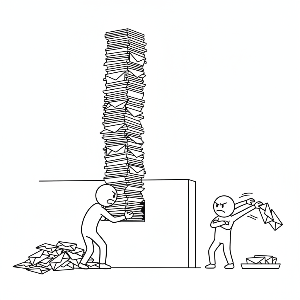 A stick figure shoving a towering stack of envelopes through a narrow slot while a guard on the other side flings most of them onto a discard heap, leaving three in a tray