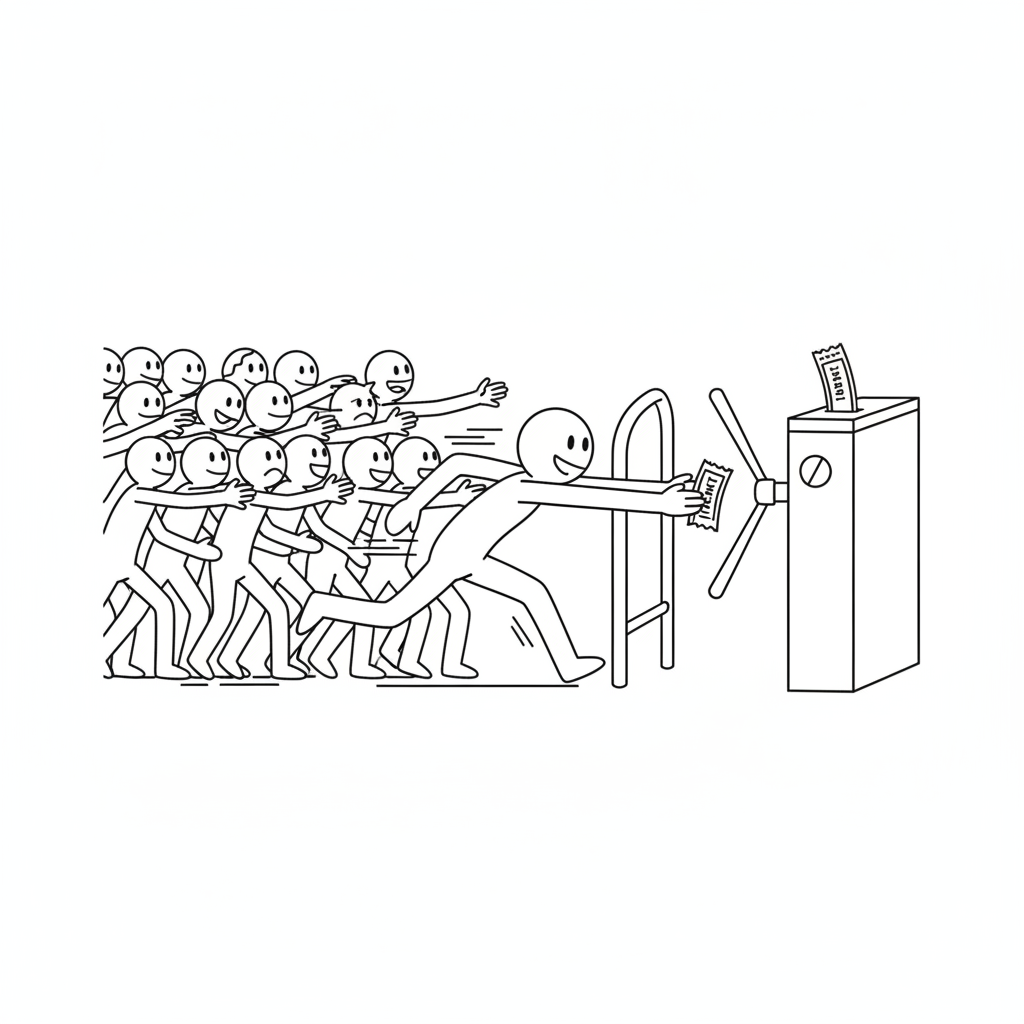 A stick figure sprinting through a stadium turnstile gate that is slamming shut behind a huge crowd, clutching a single ticket stub