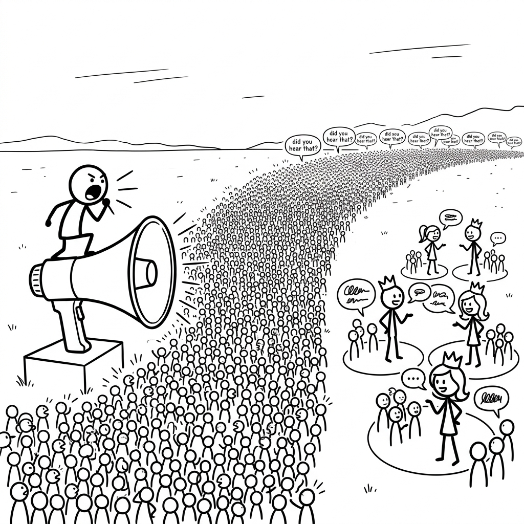 A stick figure shouting into a megaphone at a massive crowd of followers, illustrating the fan-out problem