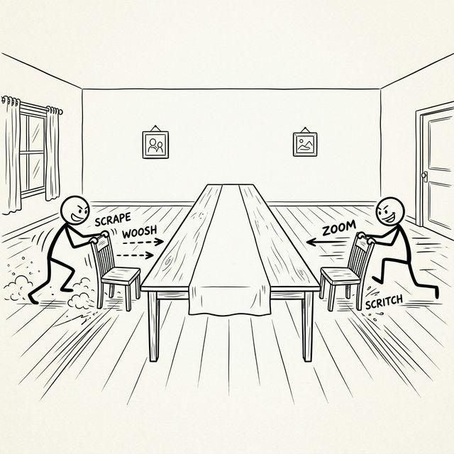Two stick figures on opposite ends of a very long dining table sliding their chairs towards each other