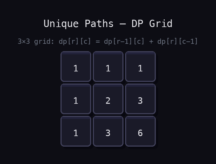 3×3 DP grid showing unique path counts: top-left=1, bottom-right=6, each cell dp[r][c] = dp[r-1][c] + dp[r][c-1].