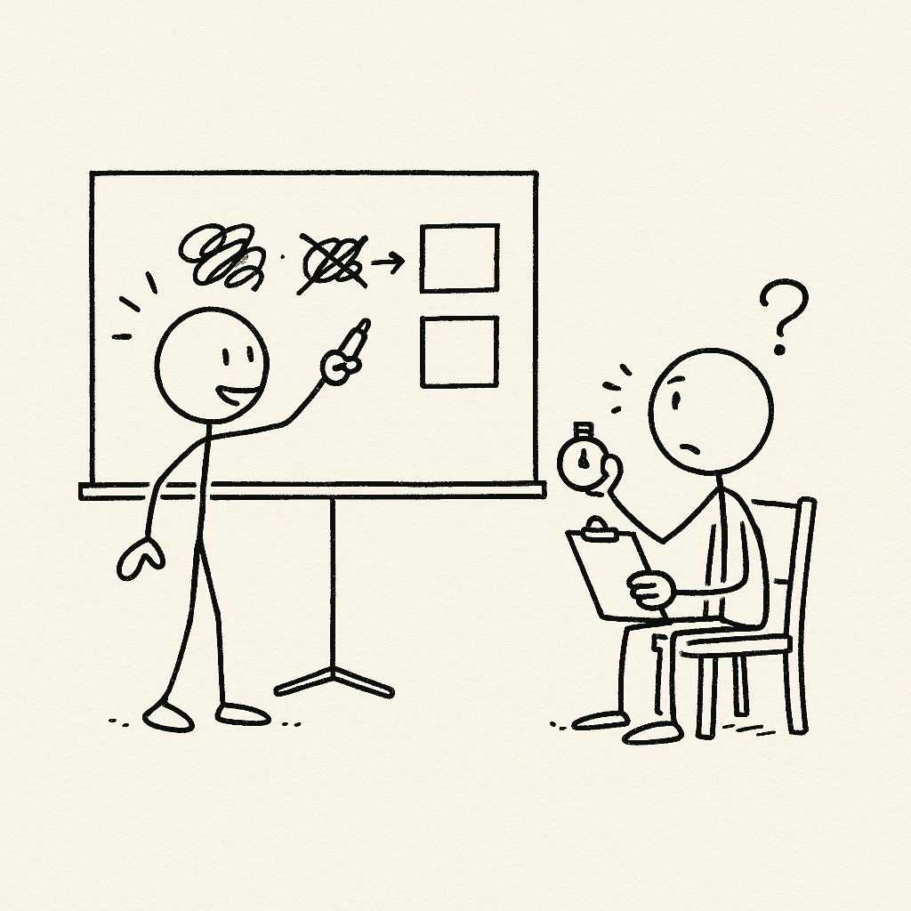 Hero image for the URL shortener mock interview: a stick figure at a whiteboard explaining a design, one idea crossed out and redrawn, while an interviewer with a stopwatch and clipboard looks on