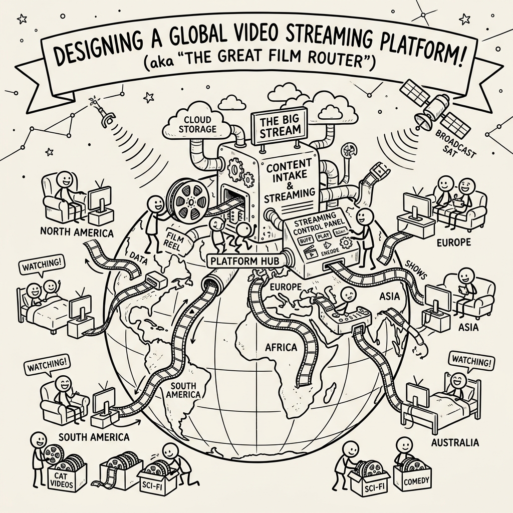 Architecture diagram of a YouTube-like video streaming system showing upload path, async transcoding workers, CDN edge caching, and playback flow