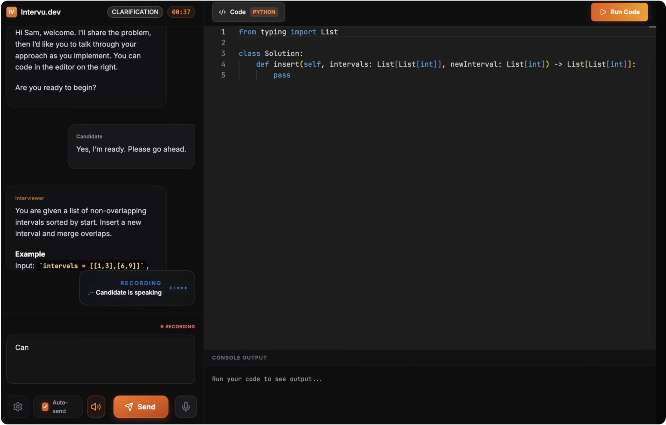 intervu.dev AI mock coding interview interface showing a live coding session with AI feedback